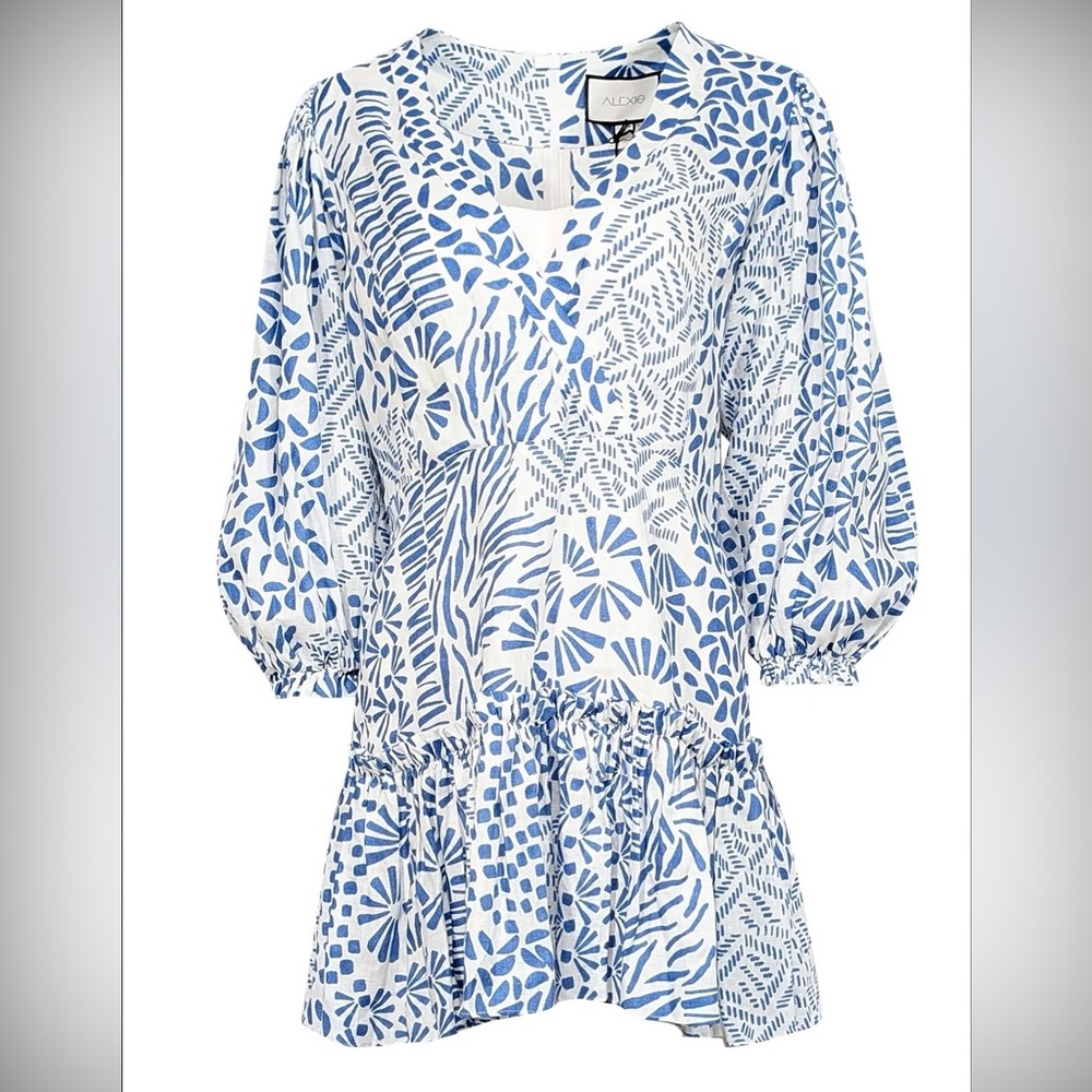 ALEXIS IDONY LINEN BLUE WHITE DRESS SIZE MEDIUM